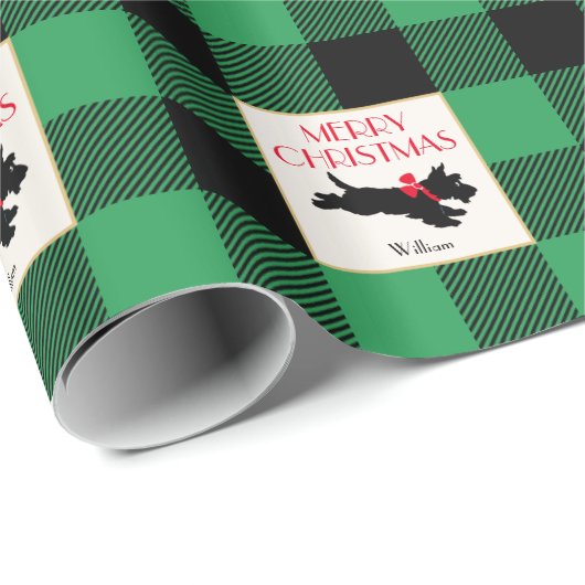 Traditioneller Weihnachts Scottie Dog Custom Green Geschenkpapier (Rolleneckpunkt)