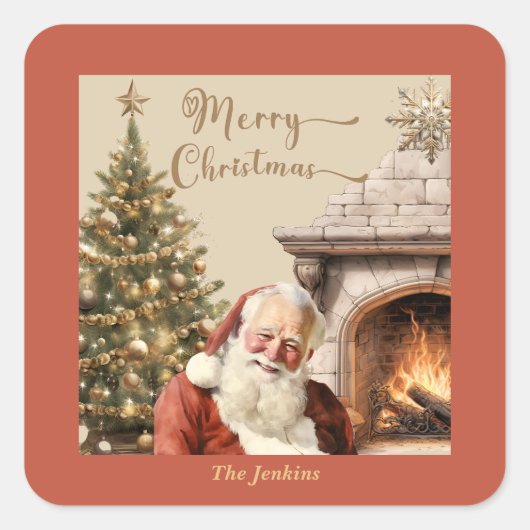 Traditioneller Weihnachtsmann-Individuelle Name Quadratischer Aufkleber (Vorderseite)