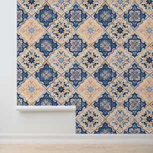 Traditionelles Bauernhaus Tile Blue Peach Geometri Tapete