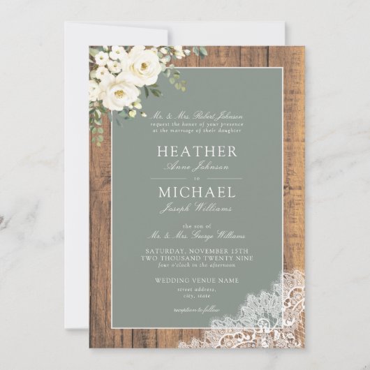 Traditionelles Blatt Grün Rustikales Holz Skript H Einladung (Vorderseite)