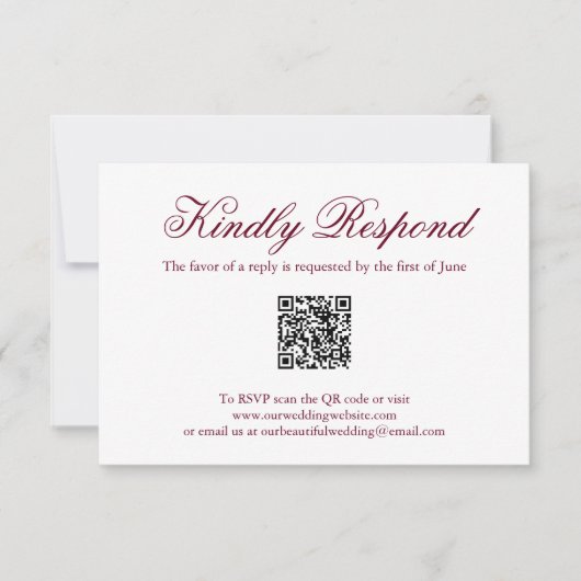Traditionelles Bugundy-Förmliches QR-Hochzeitsszen RSVP Karte (Vorderseite)