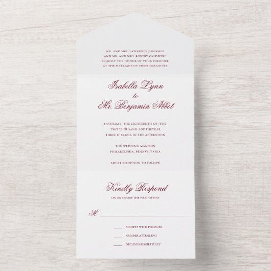 Traditionelles Burgund-Formal Elegante Hochzeit All In One Einladung (Innen Boden)