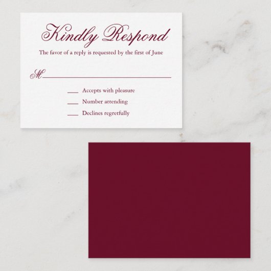 Traditionelles Burgundy Formal Mini Wedding RSVP Mitteilungskarte (Vorne/Hinten)