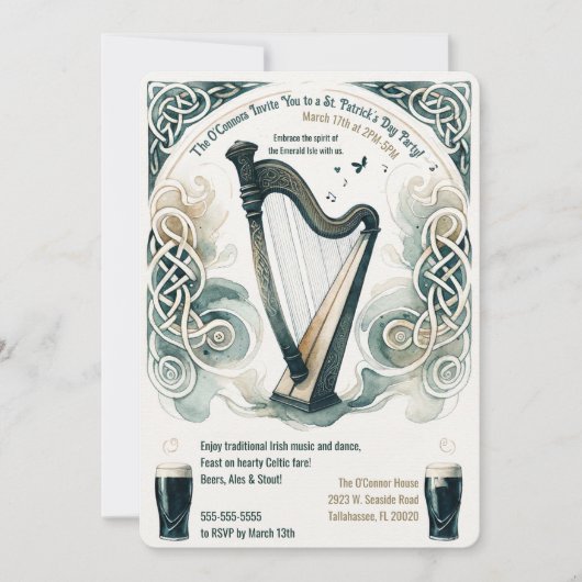 Traditionelles Celtic Harp St. Patrick's Day Party Einladung (Vorderseite)