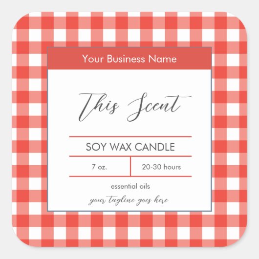 Traditionelles Country Red Gingham Candle Label Quadratischer Aufkleber (Vorderseite)