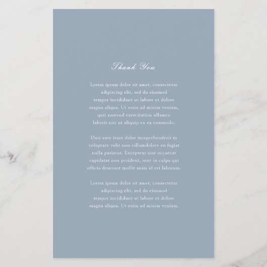 Traditionelles Dusty Blue Budget Wedding Menü (Hinten)
