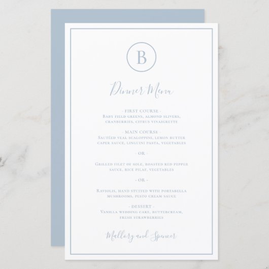 Traditionelles Dusty Blue Elegant Wedding Menu (Vorne/Hinten)