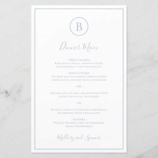 Traditionelles Dusty Blue Elegant Wedding Menu (Vorderseite)