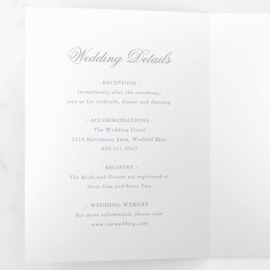 Traditionelles Dusty Blue Formal Elegante Hochzeit Dreifach Gefaltete Einladung (Innen Erste Seite)