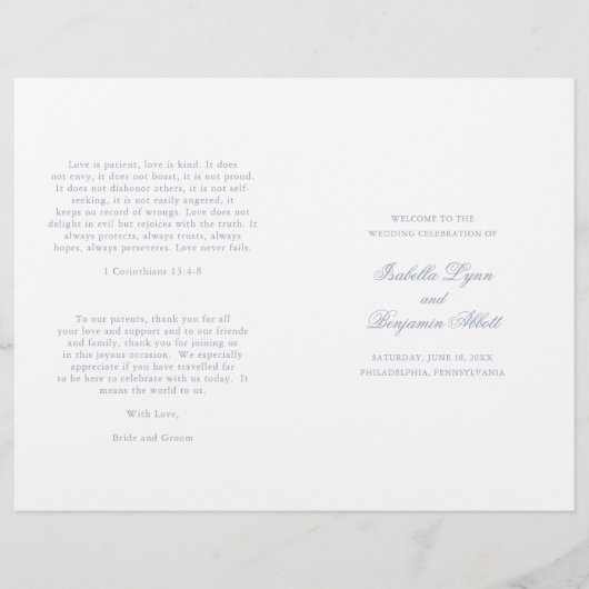 Traditionelles Dusty Blue Formal Wedding Programm (Vorderseite)