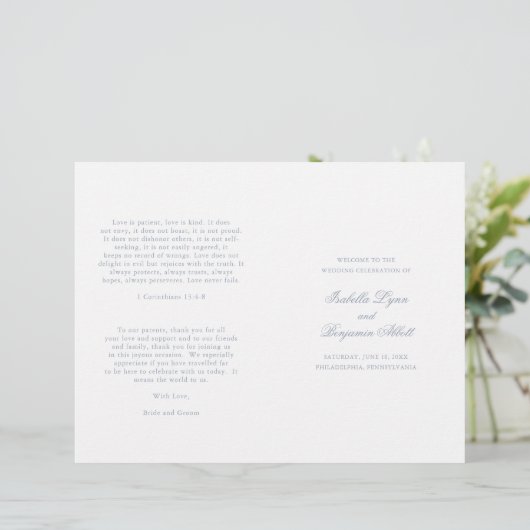 Traditionelles Dusty Blue Formal Wedding Programm (Stehend Vorderseite)