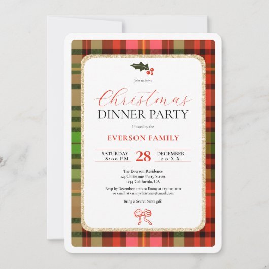 Traditionelles, festliches Kariertes Weihnachtsfes Einladung (Vorderseite)