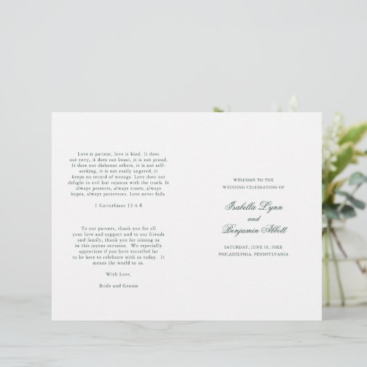 Traditionelles Forest Green Formal Hochzeitsprogra (Stehend Vorderseite)