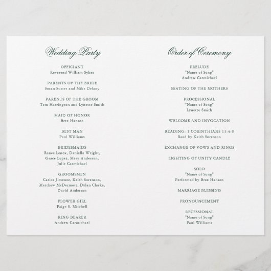 Traditionelles Forest Green Formal Hochzeitsprogra (Rückseite)