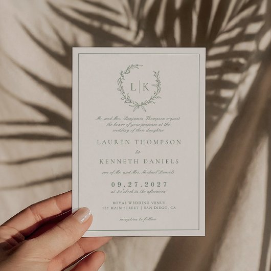 Traditionelles formales Leaf Wappen Sage Green Wed Einladung