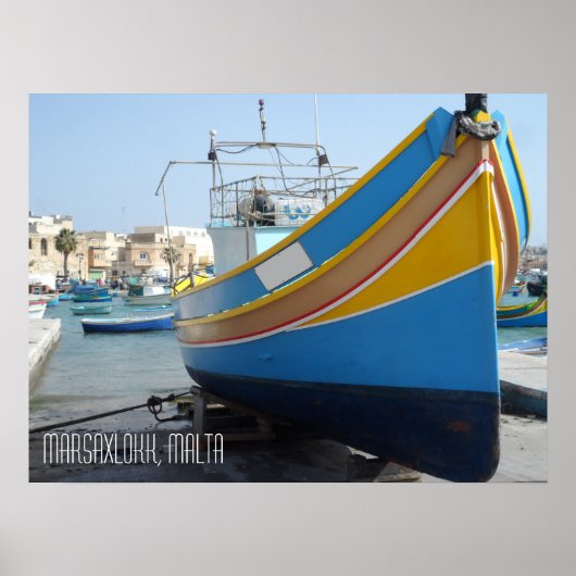 Traditionelles gestreiftes Fischerboot Marsaxlokk Poster (Vorne)