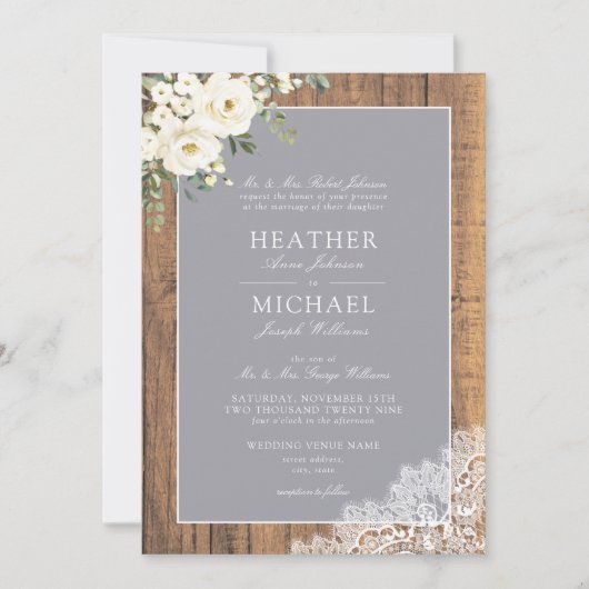 Traditionelles graues Rustikales Holzschnitt Hochz Einladung (Vorderseite)