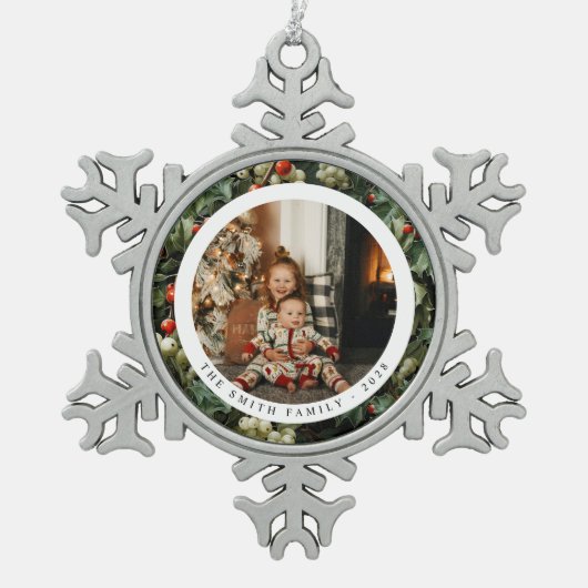 Traditionelles Grünes Heiliges Foto Schneeflocken Zinn-Ornament (Vorderseite)