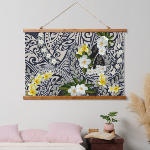 Traditionelles hawaiianisches Tapa und Plumeria Wandteppich Mit Holzrahmen
