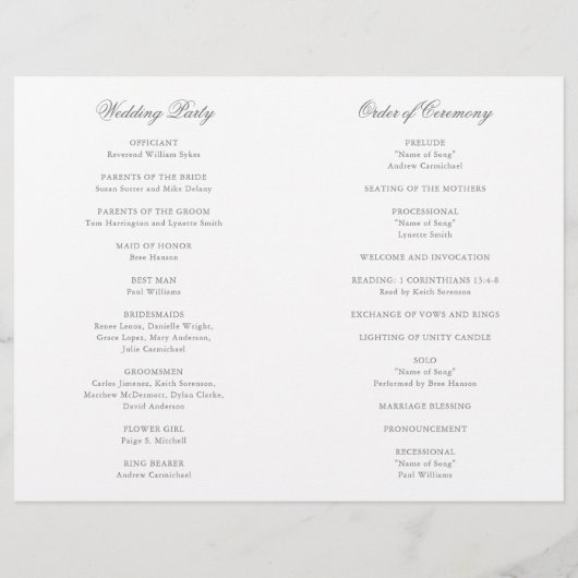 Traditionelles Hochzeitsprogramm für Graues formal (Rückseite)