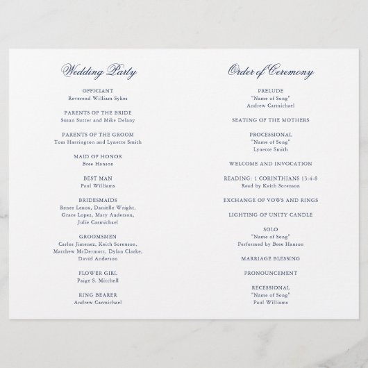 Traditionelles Hochzeitsprogramm für Navy (Rückseite)