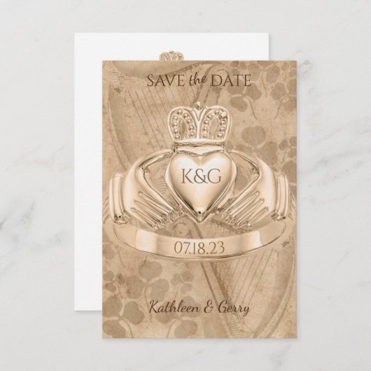 Traditionelles irisches Claddagh Ring Kleeblatt &  Save The Date (Vorne/Hinten)