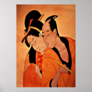 Traditionelles japanisches Paar in Orange Poster