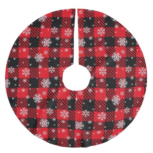 Traditionelles Kariertes Rot und Schwarz mit Schne Polyester Weihnachtsbaumdecke (Vorderseite)