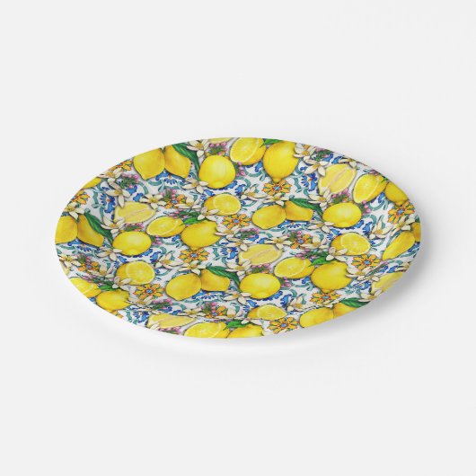 Traditionelles Mittelmeer-Muster mit Zitronen Pappteller (Schrägansicht)