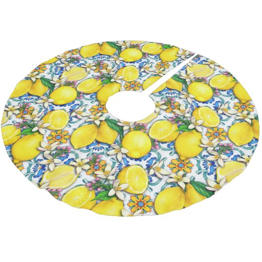 Traditionelles Mittelmeer-Muster mit Zitronen Polyester Weihnachtsbaumdecke (Schrägansicht)