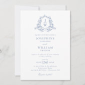 Traditionelles Monogram Wappen Blue Elegant Weddin Einladung (Vorderseite)