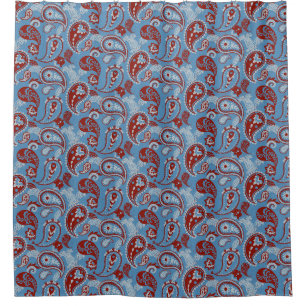 Traditionelles Paisley Linocut Red White Blue Duschvorhang