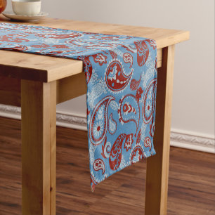 Traditionelles Paisley Linocut Red White Blue Kurzer Tischläufer