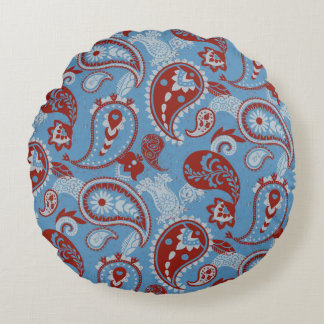 Traditionelles Paisley Linocut Red White Blue Rundes Kissen
