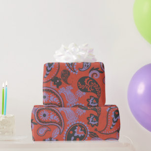 Traditionelles Paisley Linocut Vivid Orange Lila Geschenkpapier