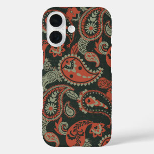 Traditionelles Paisley Linocut Warm Orange Mint Gr iPhone 16 Hülle