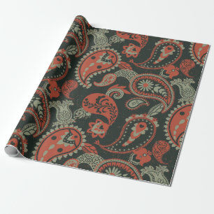 Traditionelles Paisley Linocut Warm Orange Mint Gr Geschenkpapier