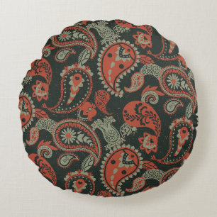 Traditionelles Paisley Linocut Warm Orange Mint Gr Rundes Kissen