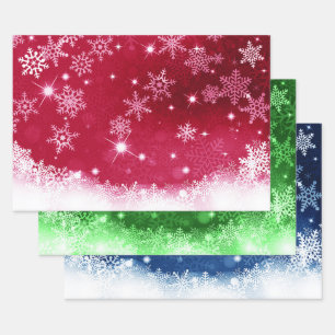 Traditionelles Red Blue & Green Snowflake Motif Geschenkpapier Set