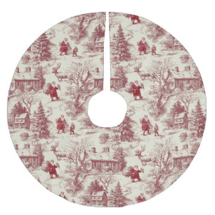 Traditionelles Rot auf Creme Toile De Jouy mit Wei Polyester Weihnachtsbaumdecke