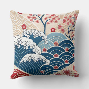 Traditionelles Rot-Blau-Japanisches Wellen-Sakura- Kissen