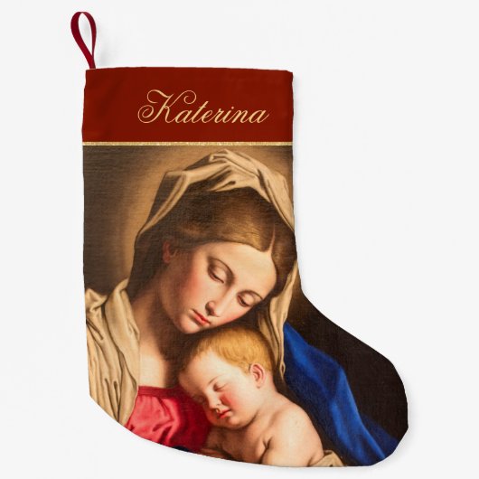 Traditionelles Rot & Gold Madonna und Kind Religiö Kleiner Weihnachtsstrumpf (Vorderseite)