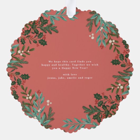 Traditionelles rotes botanisches Weihnachtsfest-Fo Ornament Karte (Rückseite)