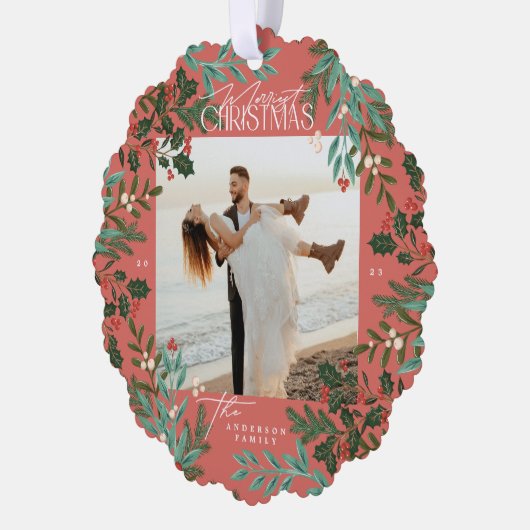 Traditionelles rotes botanisches Weihnachtsfest-Fo Ornament Karte (Links)