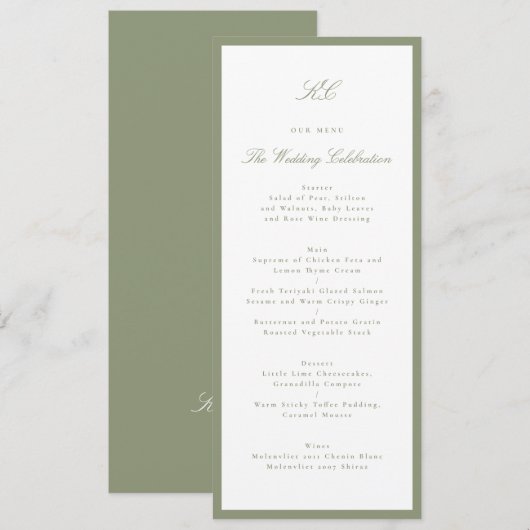 Traditionelles Salbeigrünes Monogramm-Hochzeit Menükarte (Vorne/Hinten)