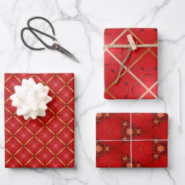 Traditionelles Scarlet Red & Gold 3 Stück Wrap Set Geschenkpapier Set