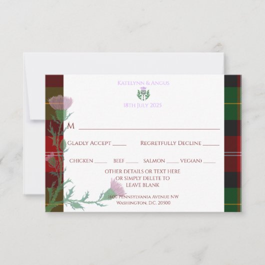 Traditionelles schottisches Tartan Border & Thistl RSVP Karte (Vorderseite)