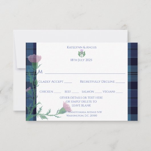 Traditionelles schottisches Tartan Border & Thistl RSVP Karte (Vorderseite)