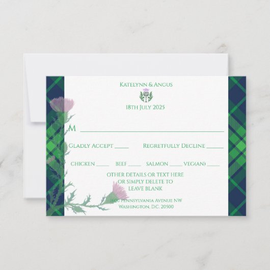 Traditionelles schottisches Tartan Border & Thistl RSVP Karte (Vorderseite)