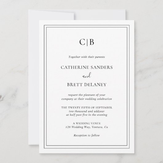 Traditionelles Schwarz und Weiß in einer Hochzeit Einladung (Vorderseite)